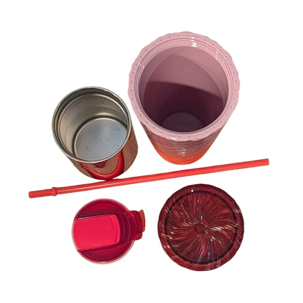 Starbucks Venti Iridescent Swirl Sunset Cold Cup & Metallic Red Tumbler Bundle